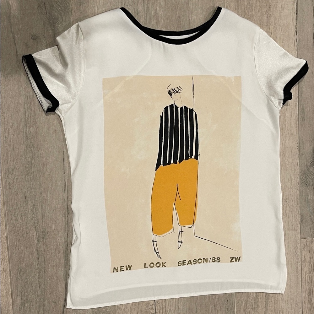 Zara Graphic Top - White, Black, Mustard